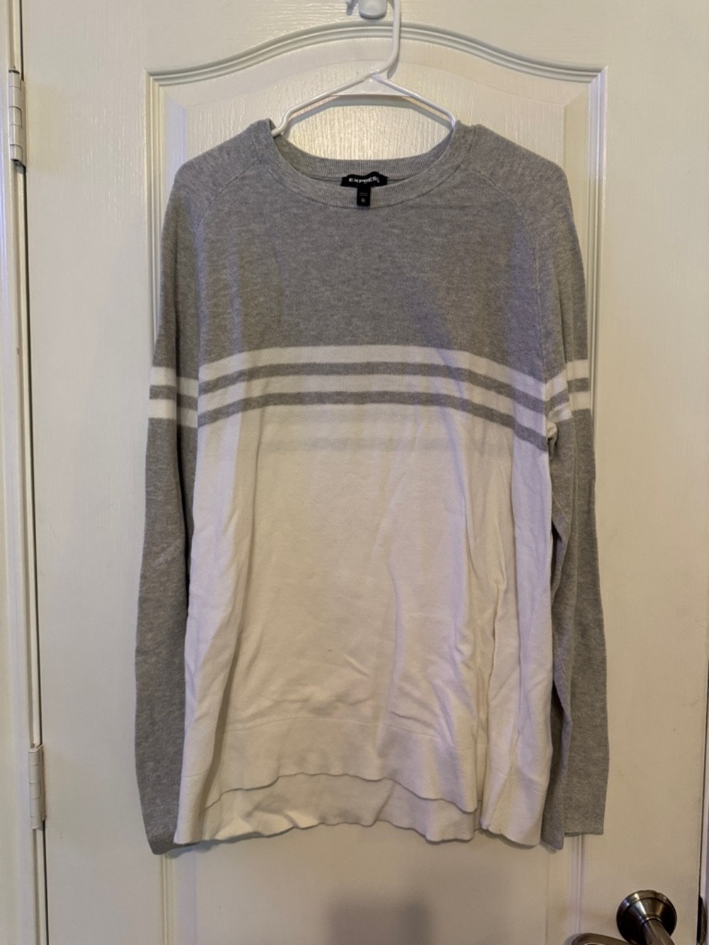 Express Men’s Gray and White Striped Crewneck Sweater